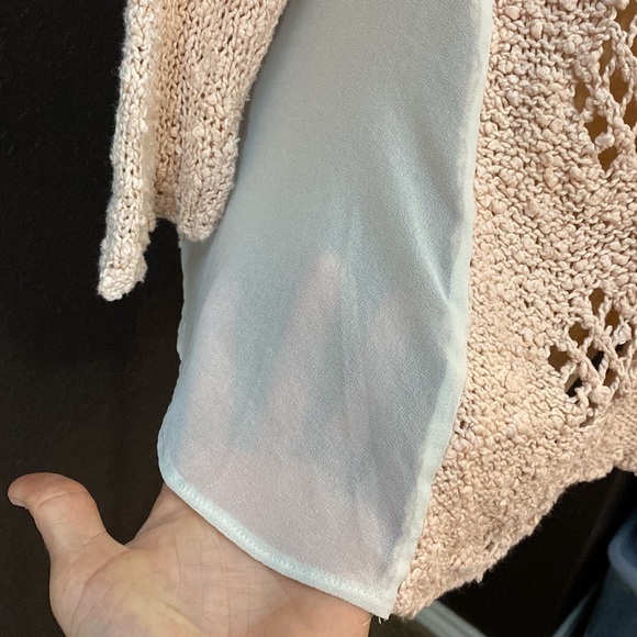 Anthropologie pink and cream open knit chiffon flare long sleeve sweater top - Picture 2 of 7